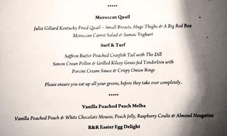A photo of the menu from a fundraiser for Queensland Liberal National Party candidate Mal Brough